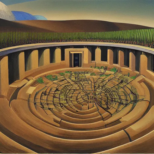 Image similar to 3 d cutaway view of a cardiovascular network of tunnels connecting round concrete domiciles, by grant wood, pj crook, edward hopper, oil on canvas