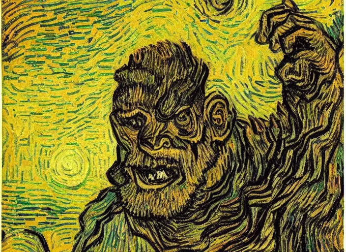 Image similar to giant monster in the style of vincent van gogh, dappled light, monstrous, gigantic