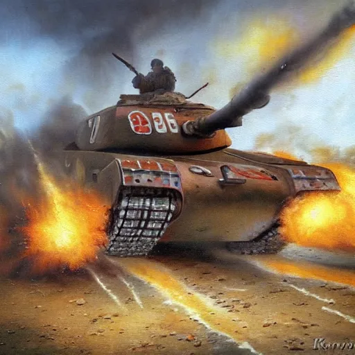 Image similar to soviet tank attack, battle painting by Peter Krivonogov