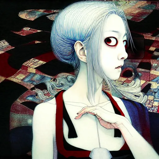 Image similar to yoshitaka amano blurred and dreamy realistic portrait of a woman with white hair and black eyes wearing dress suit with tie, junji ito abstract patterns in the background, satoshi kon anime, noisy film grain effect, highly detailed, renaissance oil painting, weird portrait angle, blurred lost edges, three quarter view