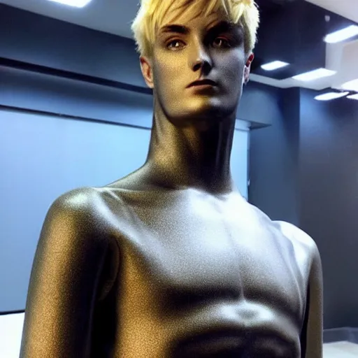 Image similar to “a realistic detailed photo of a guy who is an attractive humanoid who is half robot and half humanoid, who is a male android, twitch streamer Ninja Tyler Blevins, shiny skin, posing like a statue, blank stare”