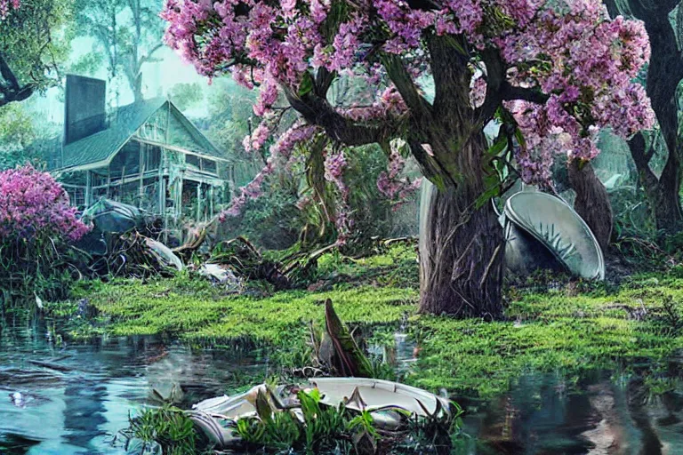 Image similar to hyperrealism, scene from louisiana swamps, starship, spring blooming flowers garden, true detective, 8 0 s japanese sci - fi books art