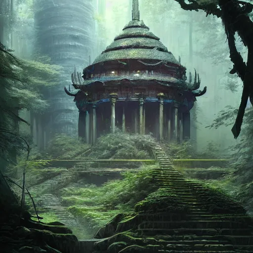 Image similar to detailed sci - fi concept art of a detailed ancient temple in an overgrown forest, depth of field, unreal engine, artstation, award - winning realistic sci - fi concept art by greg rutkowski and yoshitaka amano, in the style of james gurney.