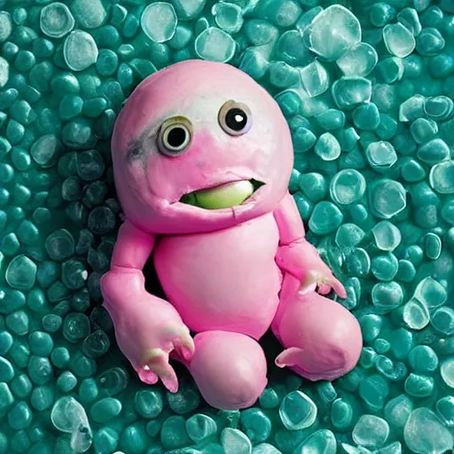 Prompt: a cute monster made from salt water taffy, portrait by Anne Geddes