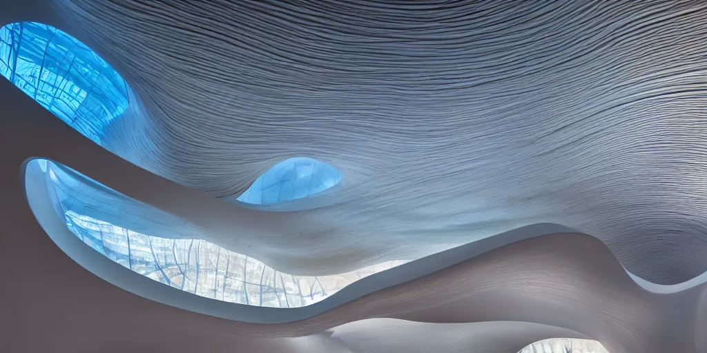 Image similar to extremely detailed awe stunning beautiful futuristic smooth curvilinear elegant museum interior by zaha hadid, translucent gills, stunning volumetric light, stainless steel, concrete, translucent material, beautiful sunset, hyper real, 8k, colorful, 3D cinematic volumetric light, atmospheric light