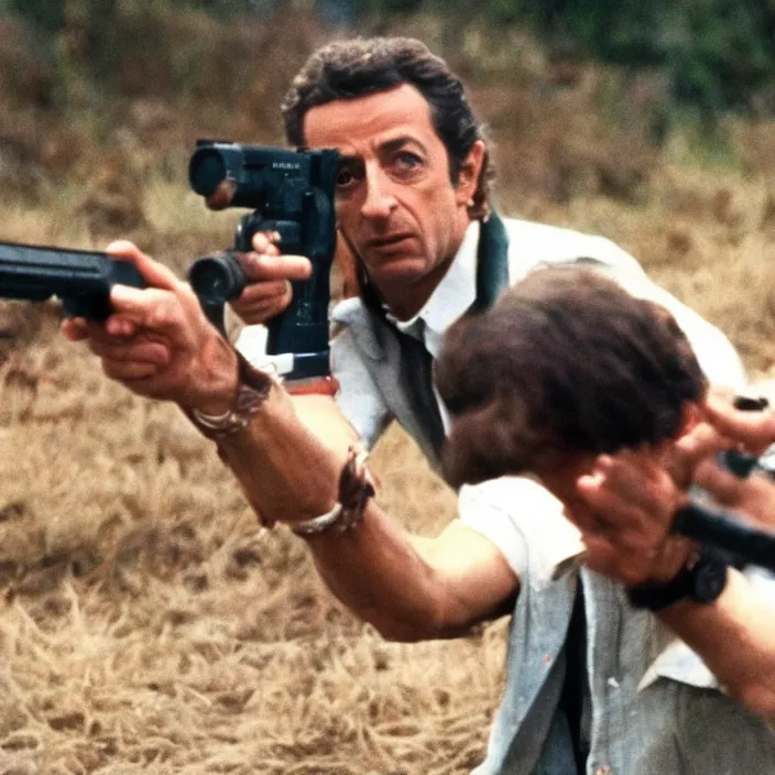Prompt: very detailed 70s movie still of Nicolas Sarkozy shooting glock, dirty bloody clothes, cinestill 800t 10mm 4k, grainy picture