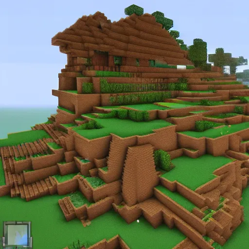 Image similar to a minecraft village, by frank lloyd wright