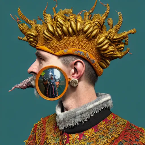 Image similar to Colour Caravaggio and mandelbulb 3d fractal style full body portrait Photography of Highly detailed Man wearing detailed Ukrainian folk costume designed by Taras Shevchenko with 1000 years perfect face wearing highly detailed retrofuturistic VR headset designed by Josan Gonzalez. Many details In style of Josan Gonzalez and Mike Winkelmann and andgreg rutkowski and alphonse muchaand and Caspar David Friedrich and Stephen Hickman and James Gurney and Hiromasa Ogura. Rendered in Blender and Octane Render volumetric natural light