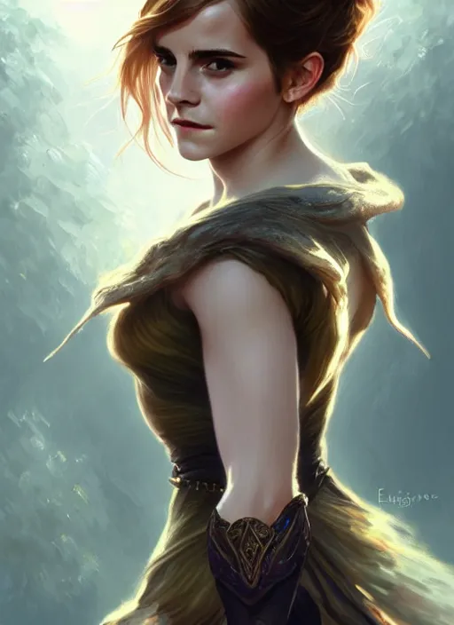 Image similar to emma watson as magic druid, shiny background, intricate, elegant, highly detailed, digital painting, artstation, concept art, smooth, sharp focus, illustration, artgerm, bouguereau