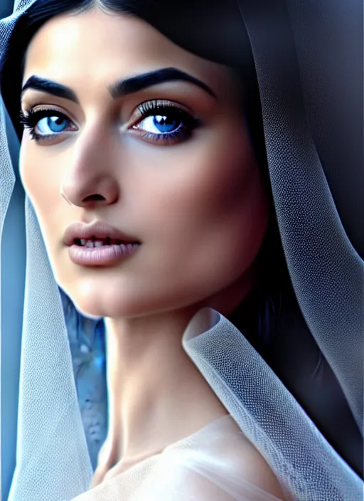 Image similar to beautiful ameera al taweel, blue eyes, long wavy black hair, transparent white veil, front, in the style of stefan kostic, realistic, sharp focus, 8k high definition, insanely detailed, intricate, elegant, art by stanley lau and artgerm