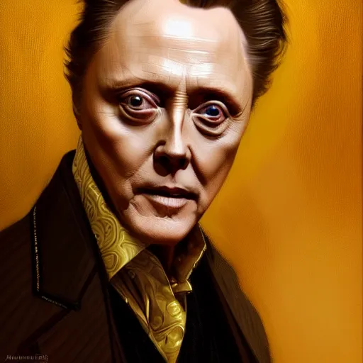 Image similar to Christopher Walken in a golden dress, closeup, D&D, fantasy, intricate, elegant, highly detailed, digital painting, artstation, concept art, matte, sharp focus, illustration, art by Artgerm and Greg Rutkowski and Alphonse Mucha