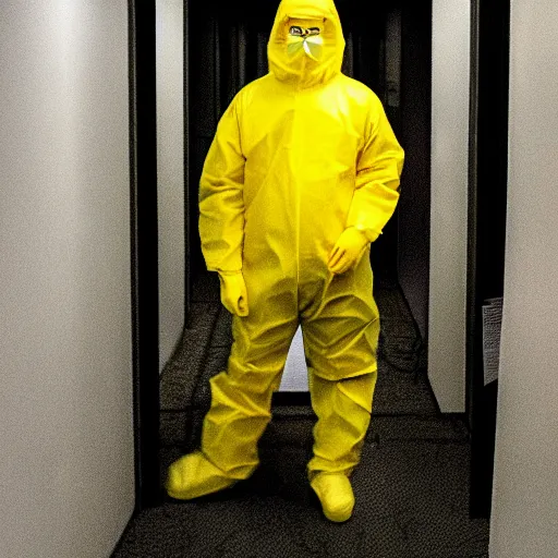 Image similar to a man wearing a yellow hazmat suit inside the backrooms, liminal space, flickering fluorescent lights, eerie mood