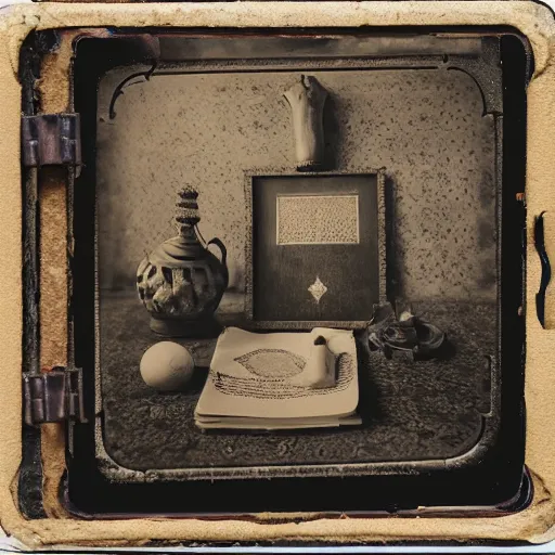 Image similar to Tintype photograph of a magical objects displayed in an ethnographic museum, archive material, anthropology, 1920s studio lighting.