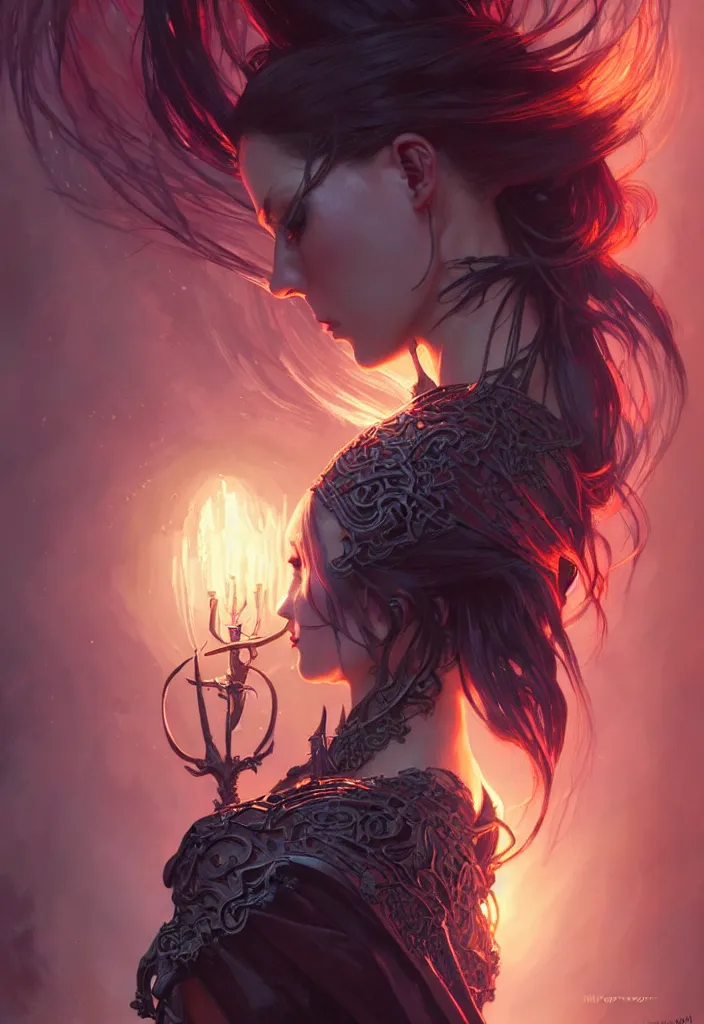 Image similar to Necromancer Sorceress, fantasy magic, undercut hairstyle, dark light night, intricate, elegant, sharp focus, illustration, highly detailed, digital painting, concept art, matte, art by WLOP and Artgerm and Greg Rutkowski and Alphonse Mucha, masterpiece