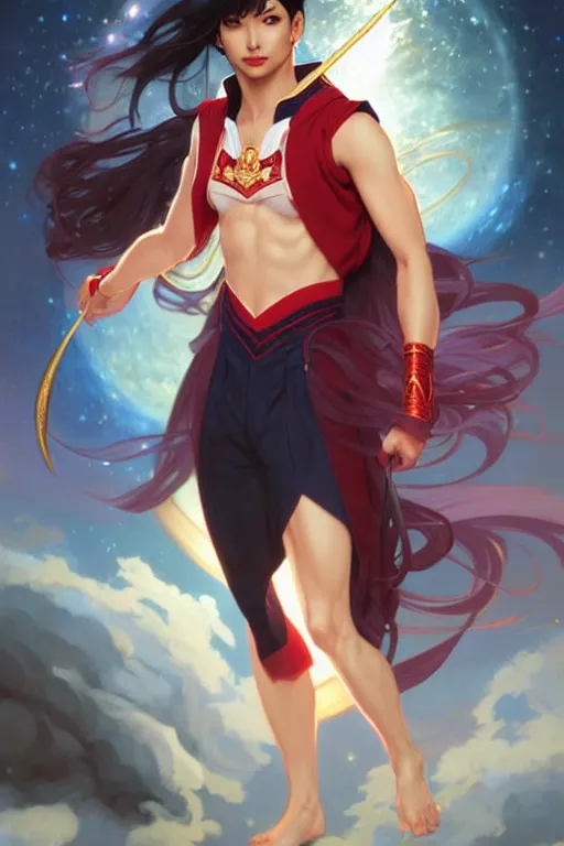 Image similar to a male version of Sailor Mars, fantasy, intricate, elegant, highly detailed, digital painting, artstation, concept art, matte, sharp focus, illustration, art by Artgerm and Greg Rutkowski and Alphonse Mucha