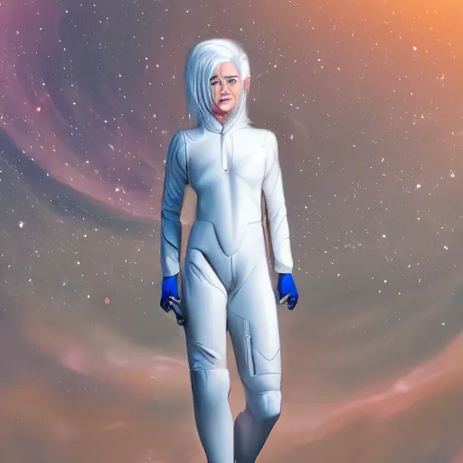 Image similar to beautiful white haired woman dressed in see through space suit in the style of zezhou chen highly detailed, smooth, sharp focus