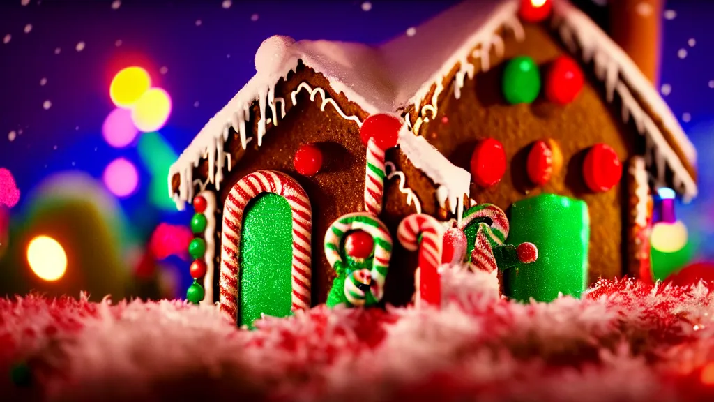 Image similar to closeup of colorful miniature gingerbread house at night, gingerbread people!!!!!!, candy canes, forest, christmas, snow, claymation, bokeh, depth of field 1 0 0 mm, cinematic scene, studio quality, visually stunning, unreal engine, octane render