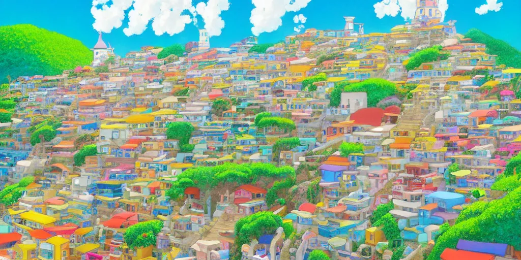 Prompt: a bright, cute ghibli painting of a ecuatorian town, beautiful lighting, in the style of studio ghibli, artwork by Hayao Miyazaki and Isao Takahata, highly detailed, 8K, smooth, cinematic, vibrant colors, trending on artstation, japanese animation, stunning artistry and soaring imagination