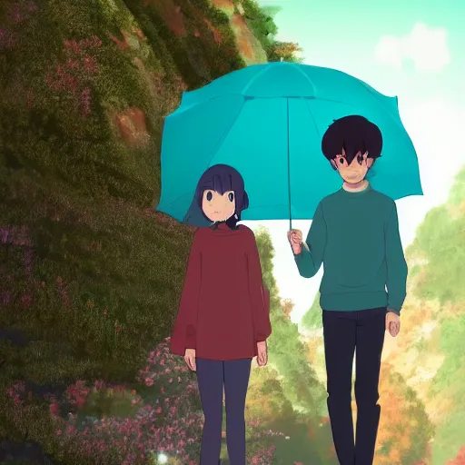 Prompt: a girl age 1 7 wearing a teal sweater and boy with a age 1 7 wearing an teal sweater, walking together under a single orange umbrella through a valley with a mystical atmosphere, looking at each other and blushing, as a medium shot, rule of thirds composition, 8 k detailed, by makoto shinkai, as an anime,