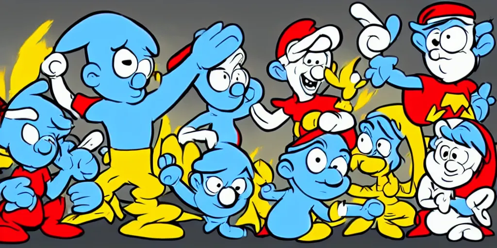 Image similar to the smurfs as superheroes, animation, cell animation, in the style of hanna barbera