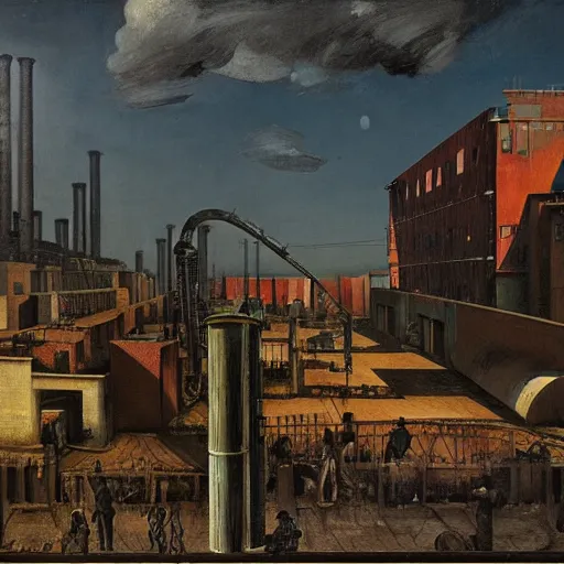 Image similar to steel factory yard giorgio de chirico graham sutherland greg rutkowski odd nerdrum simon stalenhag