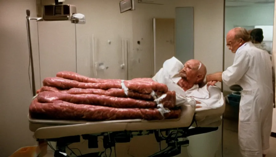 Image similar to 7 0 s movie still of a old meat man in the hospital, cinestill 8 0 0 t 3 5 mm eastmancolor, heavy grain, high quality, high detail