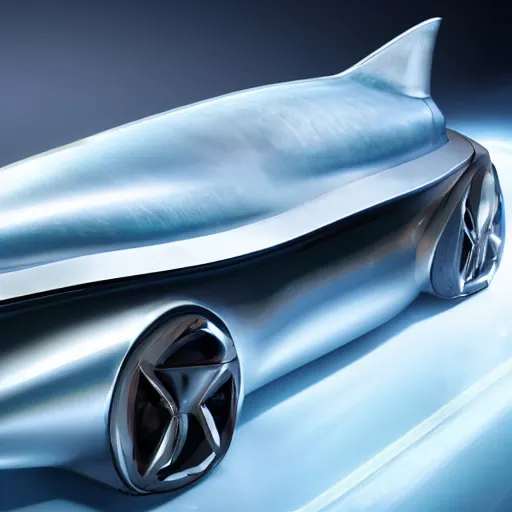 Image similar to futuristic concept car shaped like a shark, 8k, high resolution, shiny, wet