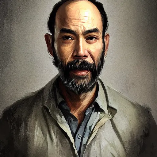 Image similar to portrait of a man by greg rutkowski, he is about 4 0 years old, mixture between vietnamese, persian and texan, receding hairline, beard, very tall and slender, he is wearing a utilitarian jumpsuit, highly detailed portrait, digital painting, artstation, concept art, smooth, sharp foccus ilustration, artstation hq