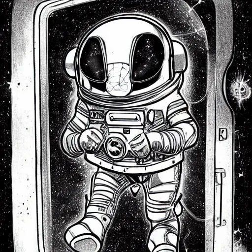 Prompt: golden ratoo, pencil art, space astronaut opening door that shows space and time created by stan lee with extra detail, epic.