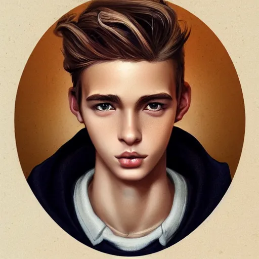 Prompt: teenage boy with brown blond short quiff hair and thin slightly round facial structure with cleft chin, bumpy nose, good definition of cheekbones, hazel nut brown eyes, narrow face, slim body, atmospheric lighting, painted, intricate, 4k, highly detailed by Charlie Bowater