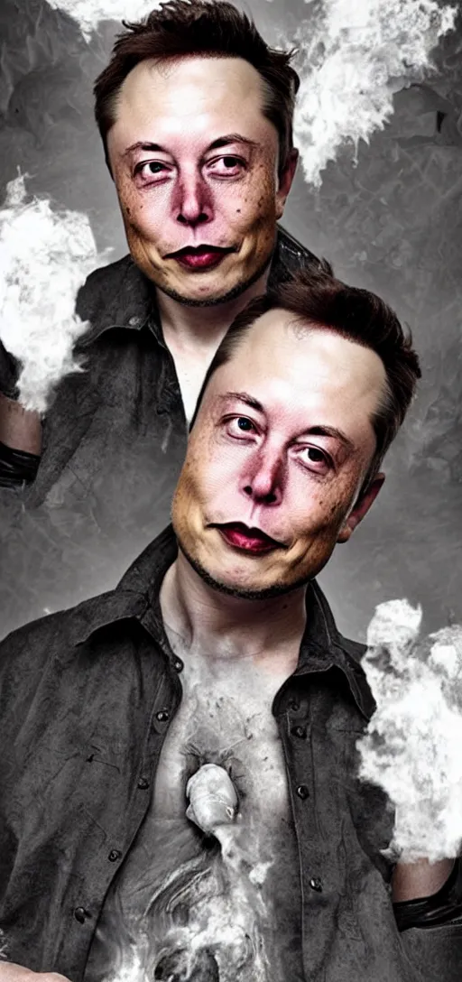 Image similar to a rotting and old horror picture of elon musk with dark rottendollar bills and rocket plumes, body horror, scary, dark, creepy,