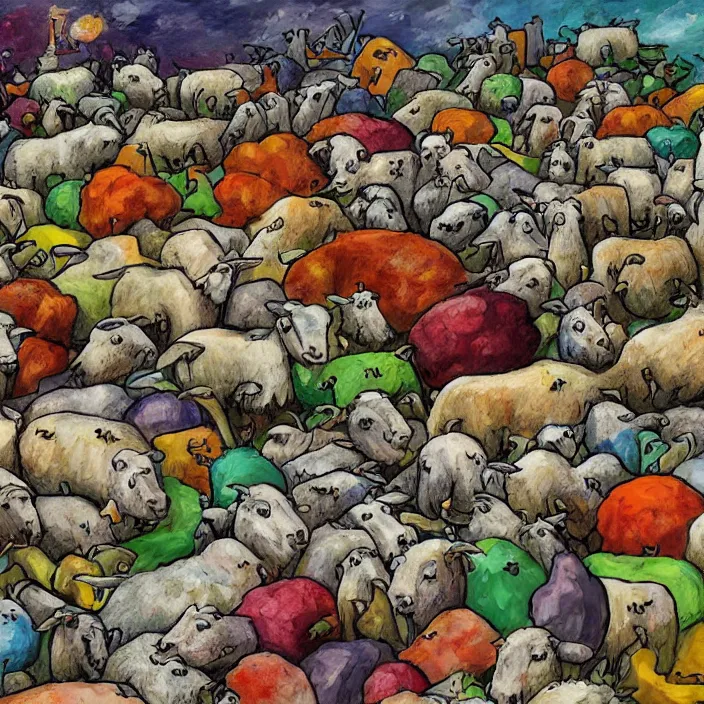 Prompt: a herd of sheep lying dead, piles of gigantic fruit, naivistic art, childrens drawing, story book illustration, expressive, colorful, schizophrenic, paranoid