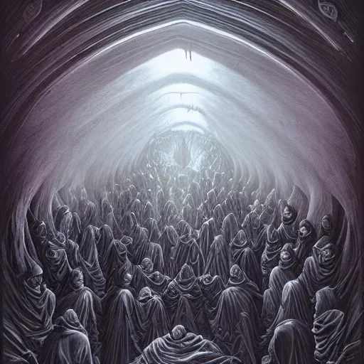 Prompt: a dark cabal of hooded mystics in long robes gathered in a circular formation around a highly advanced machine processing the spirit of a dying man, dan seagrave art, michael whelan