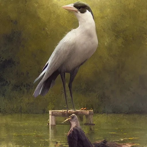 Prompt: Anthropomorphic bird, sitting at a pond, mountainous area, trees in the background, oil painting, by Fernanda Suarez and Edgar Maxence and Greg Rutkowski