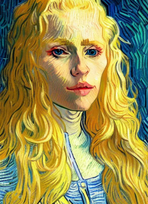 Prompt: portrait of a woman with long blonde hair, detailed beautiful face in painting, detailed beautiful portrait, expressionist oil painting masterpiece, 8 k resolution, smooth, sharp focus, pastel color palette, trending on artstation, by van gogh