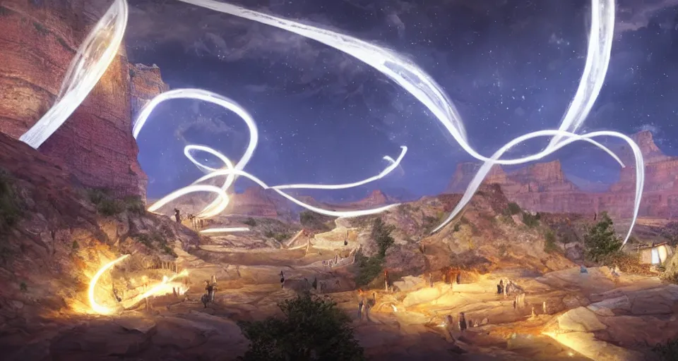 Image similar to night, a lot of people and a spiral - shaped white luminous attractor is floating in grand canyon, concept art, art for the game, professional lighting, art