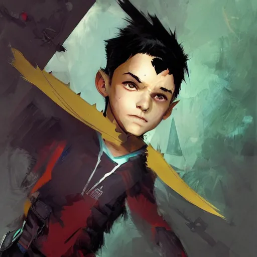 Prompt: a 14 year old teenage boy with spiky black hair and green eyes. Robin. Tim Drake. Damian Wayne. Dc comics. Kuvshinov ilya. Repin. By Craig Mullins