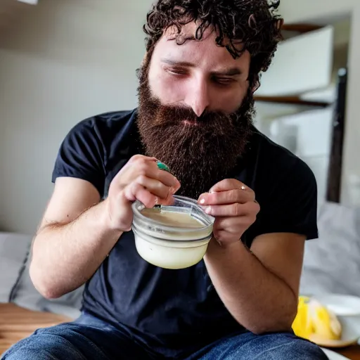 Prompt: top-heavy 20 year old with messy black hair and big beard eats mayonnaise straight out of the jar with his bare hands