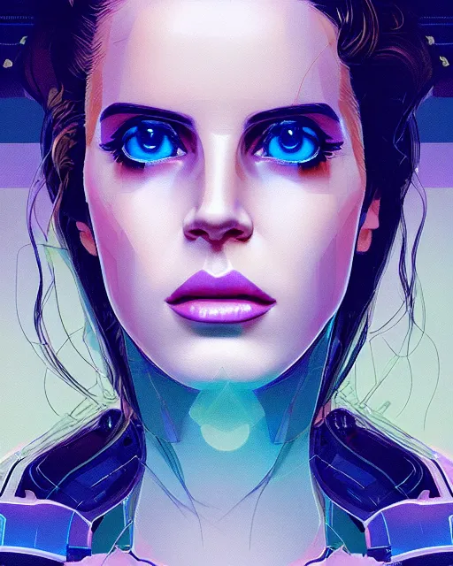 Image similar to portrait of lana del rey as a cyborg. intricate abstract. intricate artwork. by tooth wu, wlop, beeple, dan mumford. octane render, trending on artstation, greg rutkowski very coherent symmetrical artwork. cinematic, hyper realism, high detail, octane render, 8 k, iridescent accents