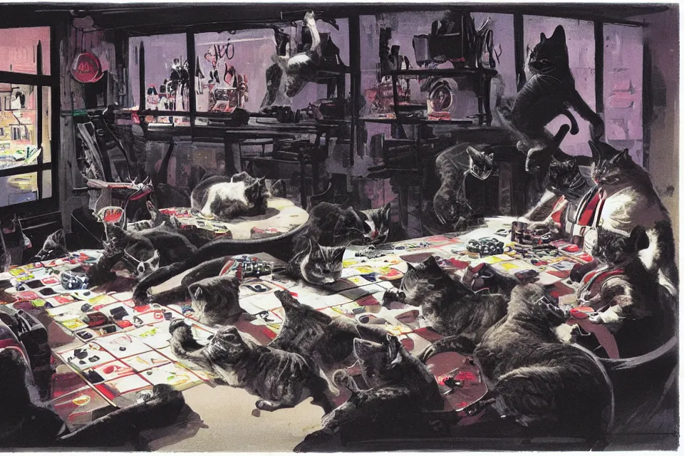 Prompt: cats rolling dice with rats, neon basement, by syd mead