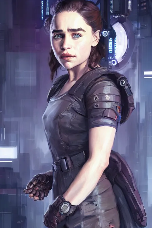 Image similar to Emilia Clarke in a Cyberpunk Outfit, anatomy, only two hands, highly detailed, digital painting, artstation, concept art, smooth, sharp focus, illustration, Unreal Engine 5, 8K, art by art by artgerm and greg rutkowski and edgar maxence