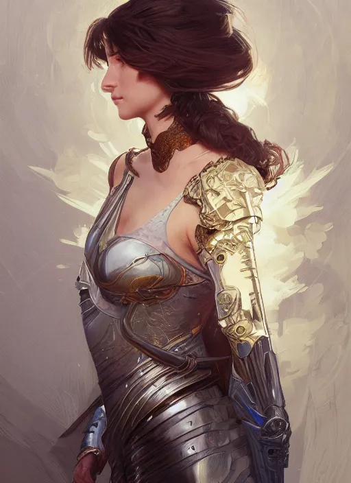 Image similar to portrait of knight, elegant, intricate, headshot, highly detailed, digital painting, artstation, concept art, sharp focus, illustration, art by artgerm and greg rutkowski and alphonse mucha