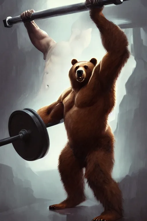 Image similar to anthro bear lifting weights, dim dingy gym, dynamic pose, fantasy, intricate, elegant, highly detailed, digital painting, artstation, concept art, matte, sharp focus, illustration, art by artgerm and greg rutkowski and alphonse mucha