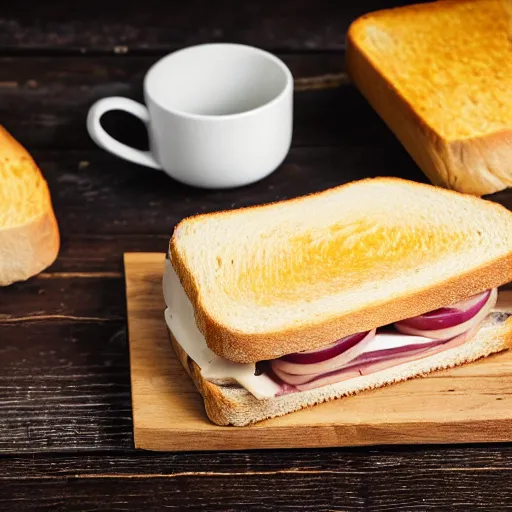 Image similar to a ham and cheese sandwich on white bread, sitting on a thick old book. high definition photograph