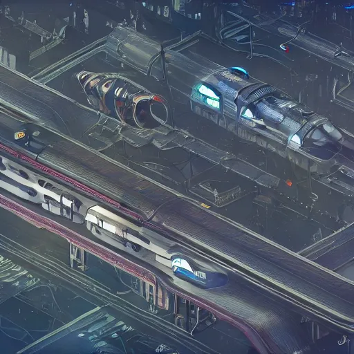 Image similar to Isometric biopunk gothicpunk space train station on black background, ultra detailed illustration, aerial view, trending on ArtStation, Sim City 4, Anno 2070, CIties: Skylines, by Simon Stålenhag and Jim Burns, Cycles4D render, black paper, birds eye view