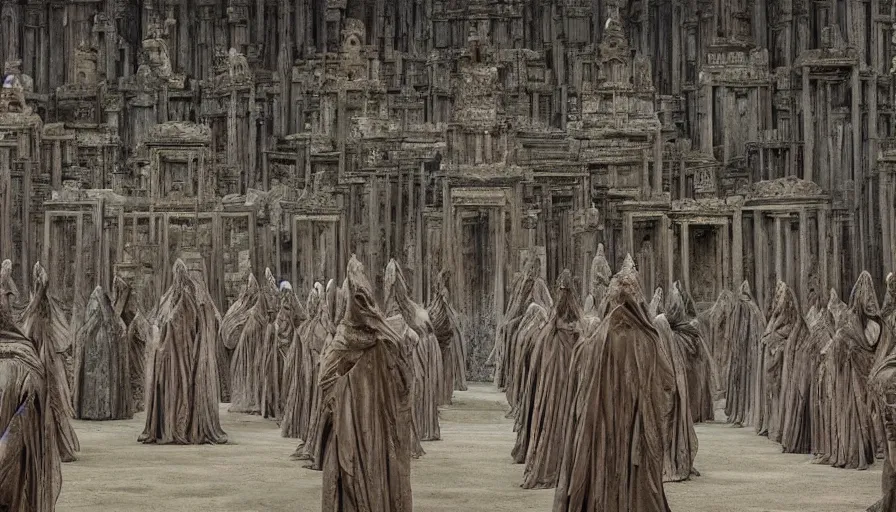 Image similar to Enigmatic Hooded Figures perform a secret Ritual in a huge temple, High Detail, Movie Screenshot, denis villeneuve