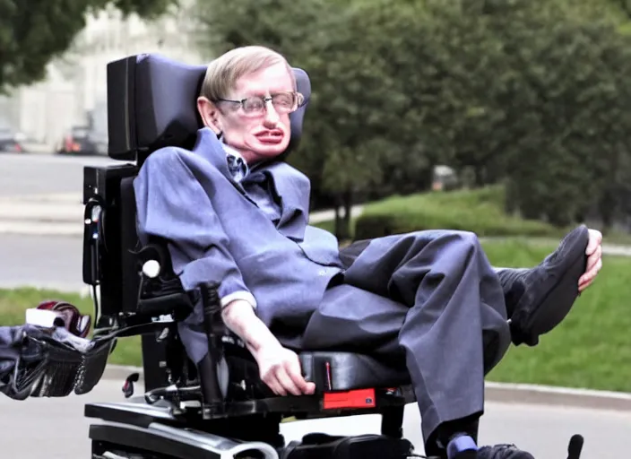 Prompt: stephen hawking is riding a bicycle, editorial footage