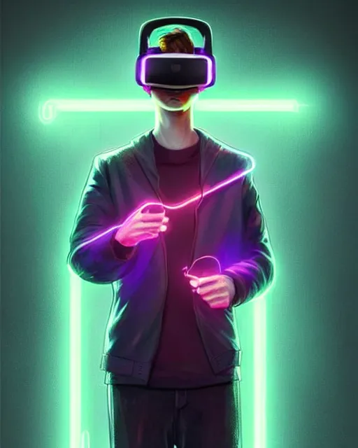 Prompt: portrait of cyber harry potter wearing a vr set with lots of neon sitting in his room by greg rutkowski, perfect faces, fine details