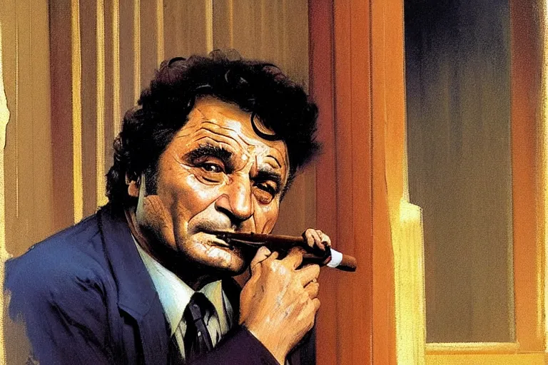 Image similar to homicide detective columbo ( peter falk ) in his messy trenchcoat, smoking a cigar while rubbing his head thinking. 1 9 8 0 s oil painting in the style of edward hopper and ilya repin gaston bussiere, craig mullins, j. c. leyendecker. warm colors. detailed and hyperrealistic. concept art