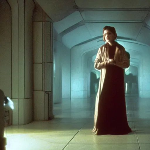 Prompt: a full color still of Carrie Fisher as Leia Organa as a regal Senator in the Galactic Senate talking to an alien, cinematic lighting, 1999, directed by Steven Spielberg, 35mm